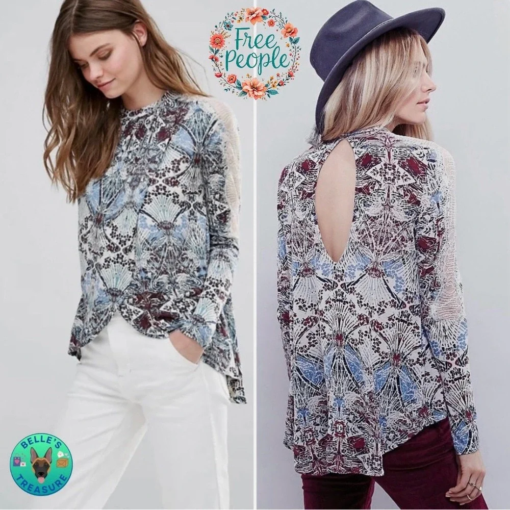 Free People Top Womens XS Tunic Snow Combo Lace Trim Floral Printed Keyhole Back